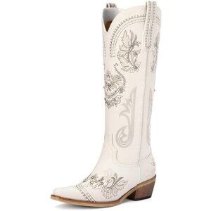 ⚡Womens Beige Faux Leather Knee High Cowboy Chunky Heel Tall Western Boots